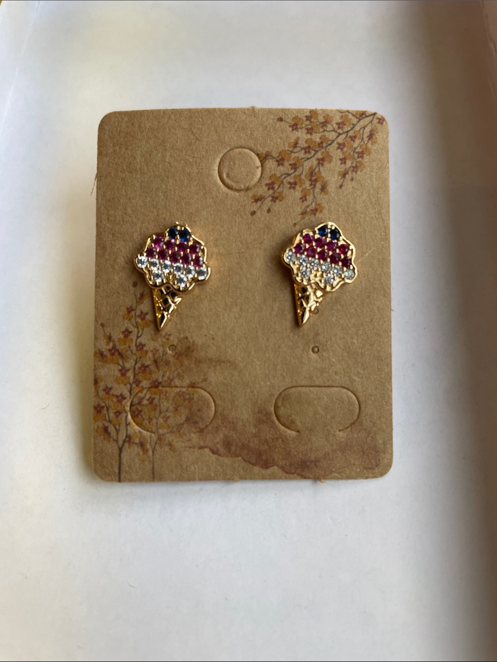 Gold Ice Cream Cone Crystal Stud Earrings - Pink & Clear